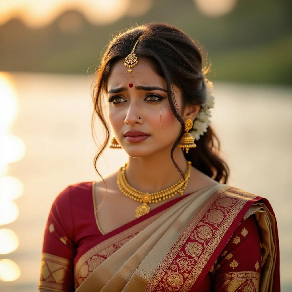Close-up of an Indian woman in a beautiful saree. She stands near a river during sunset. Her expression shows deep emotions like sorrow and love. The warm sunlight highlights her features. She seems to be thinking about her son while feeling guilty and helpless.