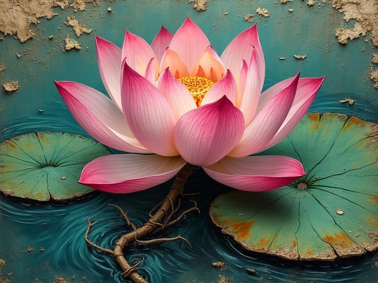 An ultra-hyperrealistic digital render depicting a solitary lotus flower. The flower emerges from a time-worn surface. Each petal shows sculpted strokes in rose, magenta, and alabaster colors. Background features aged, moss-hued waters in heavy ripples. The stem is gnarled and contorted. Fragments of peeling paint suggest ancient symbols. Captures the lotus's purity and decay.