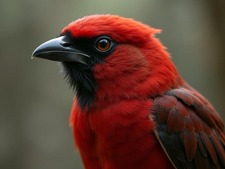 A close-up of a bright red bird with a striking profile. The bird features vivid red plumage, dark beak, and large expressive eyes. The background is softly blurred, enhancing the bird's features.
