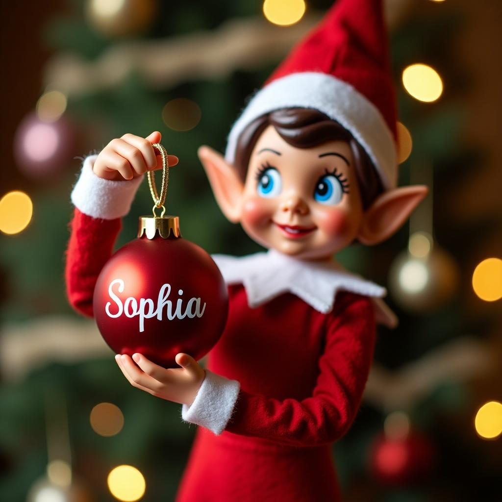 The image features a charming Christmas elf holding a red bauble adorned with the name 'Sophia'. The elf is dressed in a traditional red outfit with a white collar, embodying the festive spirit. In the background, a beautifully decorated Christmas tree adds warmth with its twinkling lights. The scene evokes a sense of holiday cheer, perfect for personalizing holiday decor. This elf brings a playful and personalized touch to Christmas celebrations.