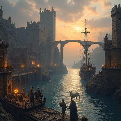 Fantasy medieval harbor at dawn with ancient stone docks tall ships adorned with arcane symbols glowing lanterns grand towers observatories academies carved into cliffs bridges of runed stone Scrolls crates rare books magical instruments loaded onto scholar vessels Mist rises from the sea robed sages artificers walk piers Gizmo-like creatures city of wisdom trade mystical and elegant inspired by old Salamanca detailed and atmospheric by Chris Rahn Daarken