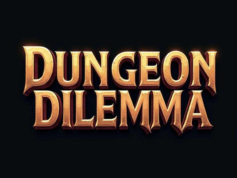 Text design featuring the words DUNGEON above DILEMMA centered. Font is heavy and blocky with chiselled edges. Style is 2D digital painting not photorealistic.