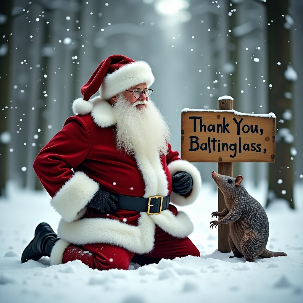 Santa Claus kneels in snow. Traditional Santa dressed in red with white trim and hat. Background shows snowy forest with tall trees. Soft snowflakes fall around creating magical Christmas atmosphere. Armadillo beside him. Wooden sign reads Thank You Baltinglass.