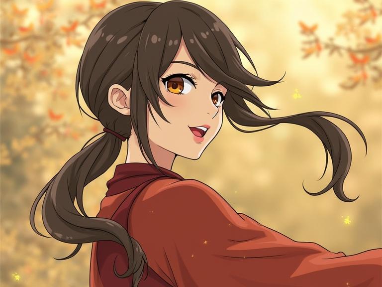 Anime character with warm colors. Female avatar smiling in a red outfit. Hair flowing gently. Soft background with hints of nature. Focus on joyful expression.