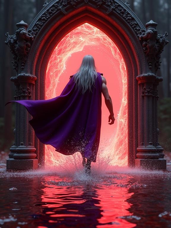 Highly detailed digital artwork featuring a majestic Vampire King. Vampires dressed in a punk-gothic style. Purple cape flowing dramatically. Emerging from a mystical portal. Ornate black stone frame. Swirling ethereal red water inside the portal. Reflection in a pool of red water. Intricate details on portal's frame. Deep reds and shimmering golds in the color palette. Dynamic scene with splashes and water movement.