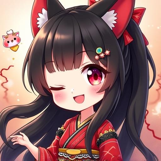 Chibi-style Japanese idol goddess portrait. She has long black hair with ribbons. Big crimson eyes show magical energy. Mini kimono dress is red and black. A fox mask is visible. Background includes soft glowing light and bokeh effects.