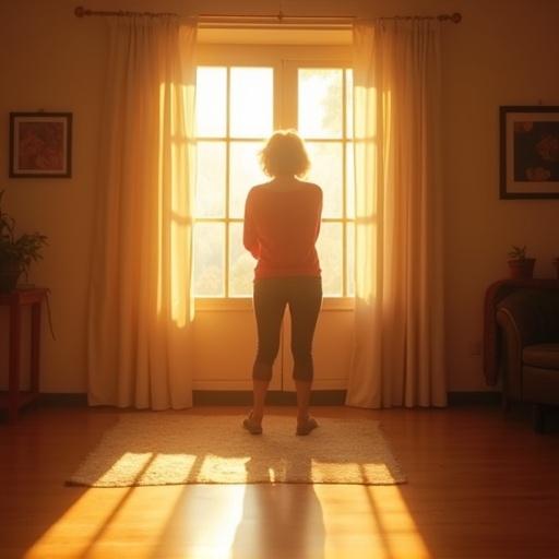 Radiant person standing in a sunlit room. Cozy indoor setting. Warm sunlight creating a tranquil ambiance. Soft light illuminating the space.
