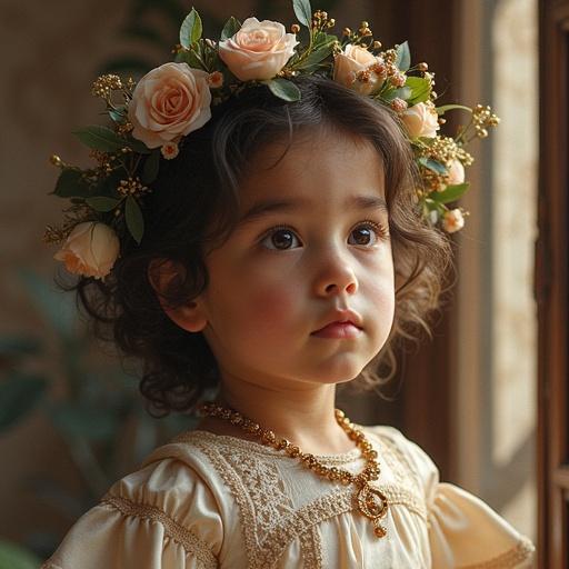 A close-up portrait of a young girl with curly hair. She wears a delicate flower crown with roses. Soft natural light highlights her features. Her expression is gentle and curious. The background shows soft blurred colors that enhance her beauty.