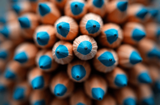 A close-up view of tightly packed pencils with blue tips.