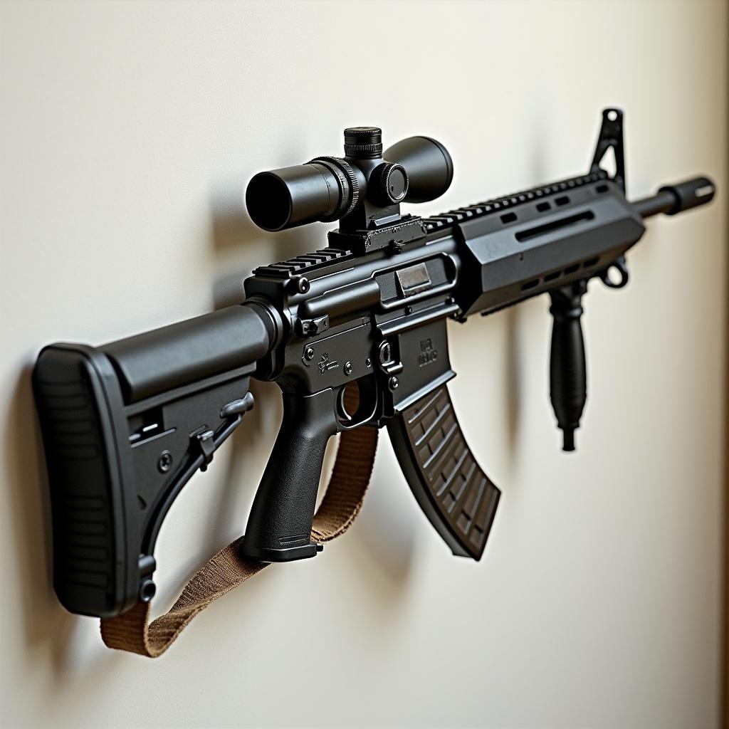 A black rifle is mounted on a wall. The rifle has a scope and a strap. It is in a bullpup configuration with a magazine. The image shows details of the gun clearly.