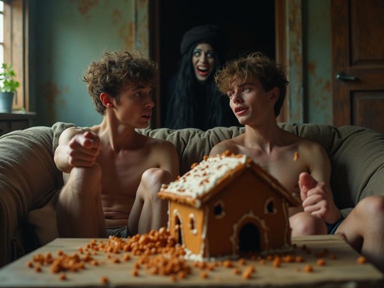 Photo realistic cinematic image in a grungy witches cottage. Two young men appear shocked while looking at each other. They sit on a sofa barefoot. A half-eaten gingerbread house is on the table with scattered candy. The setting has a dark and eerie vibe with a witch figure in the background. The men's bare feet are on the table. Low angle perspective enhances the horror element.