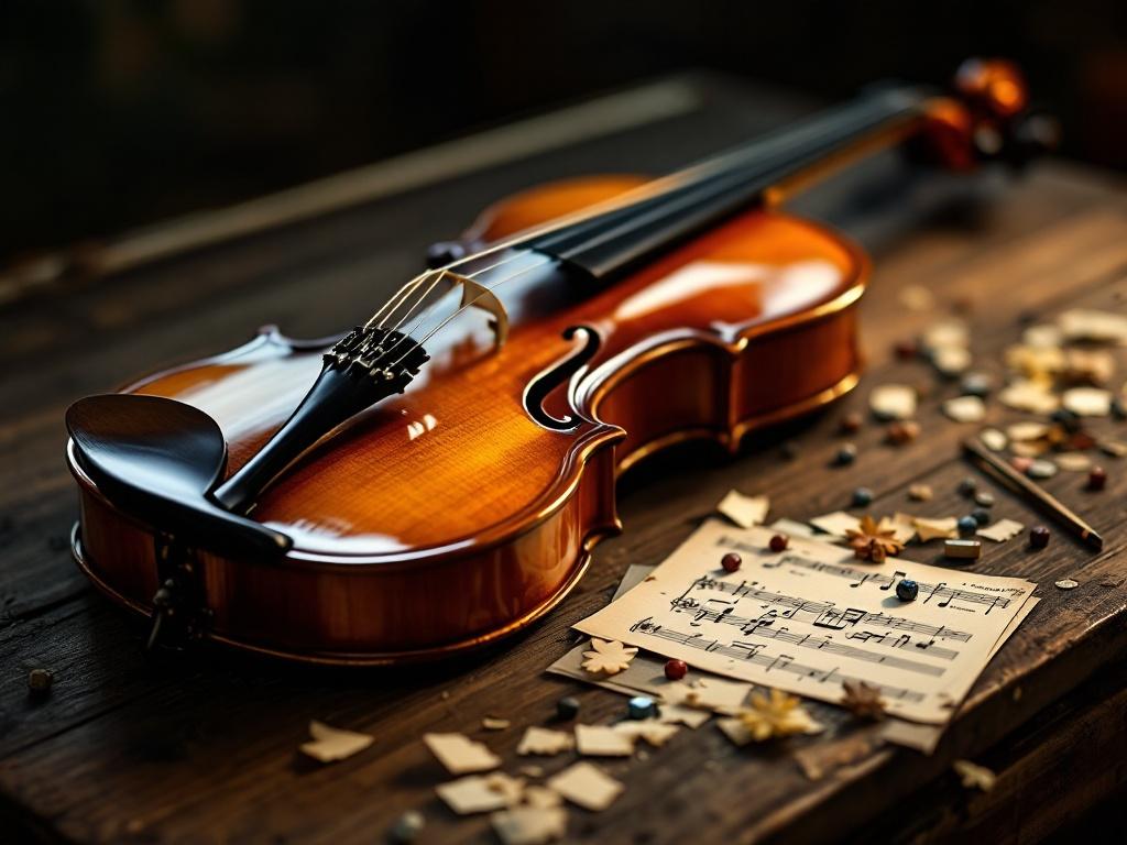 A handcrafted violin lies on a wooden table. The polished surface reflects light. The neck and body feature intricate carvings. Strings appear ready to play. Scattered sheet music and notes are in the foreground. The setting is calm and artistic.