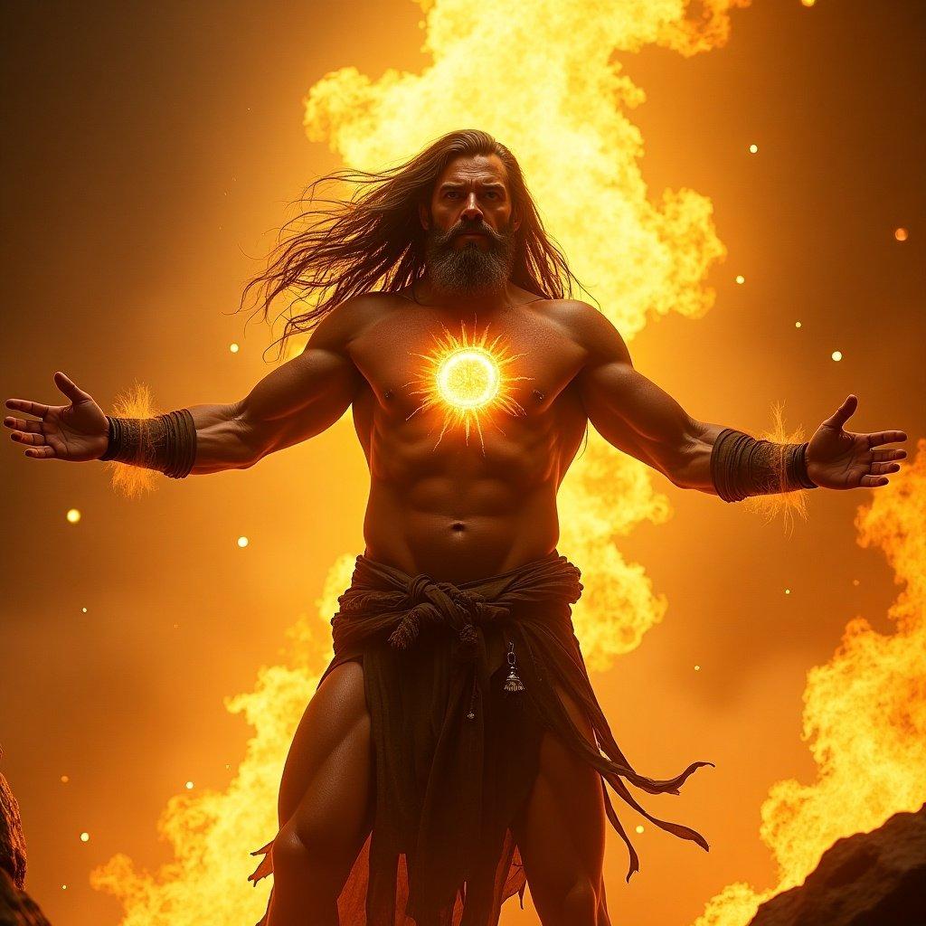 Karn with flowing hair stands with arms outstretched amidst flames. Glowing sun symbol on his chest. Scene saturated with warm hues of orange and yellow. Detailed muscles and ancient attire suggest mythological theme.