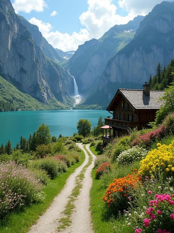 A country road winds through flower gardens. Wooden house sits by a turquoise lake. Waterfall and cliffs create backdrop. Lush greenery and colorful blooms fill landscape. Scene embodies rural living and nature's grandeur in sunny atmosphere.
