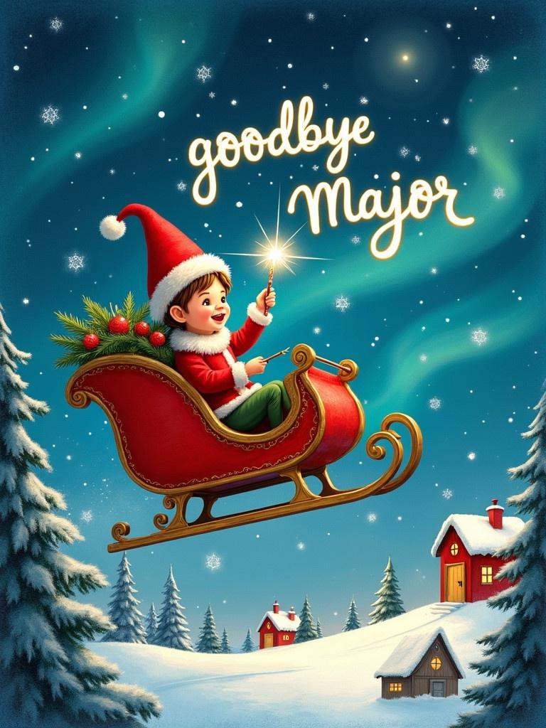 Elf sits in Santa's sleigh. Elf wears red outfit with a pointed hat. Elf holds a sparkling wand. Wand writes 'goodbye Major' in the sky. Scene features snowy landscape and charming houses. Evergreen trees under Northern Lights. Whimsical depiction of Christmas magic.