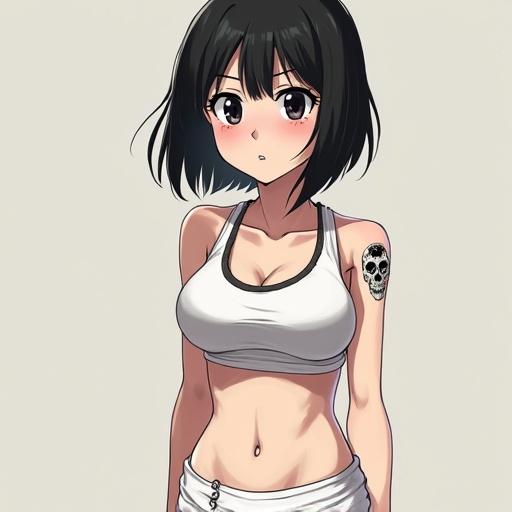 Anime character design featuring a girl with short black hair and thin black eyes. She has an embarrassed expression and showcases a skull tattoo on her right cheek. Wearing a sport bra and a white skirt, she has round breasts and a thin waist.