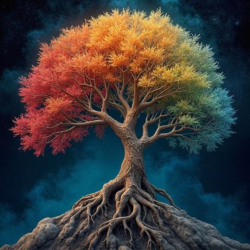Tree with fractal geometry. Roots expand into a holographic network connecting atoms, neurons, constellations. Branches follow Fibonacci patterns combining rock art, math formulas, mandalas. Each leaf symbolizes human disciplines: art, science, mysticism, technology. Composition centered on the golden spiral.