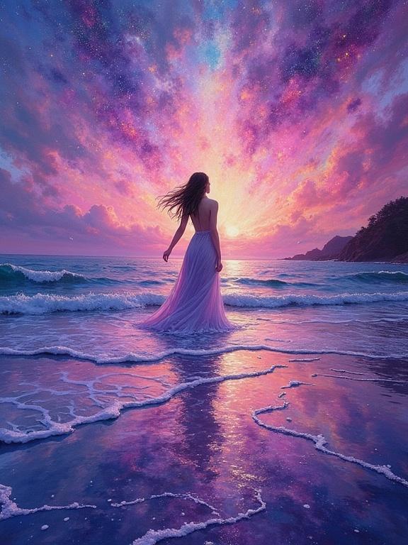 Abstract painting featuring a woman emerging from ocean waves surrounded by surreal colors and music notes. Vibrant skies with pink and purple tones, reflective water surface. Artistic depiction of serenity and beauty.