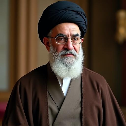 Portrait of a cleric in traditional attire with a black turban and beard looking serious.