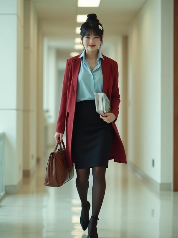 A young East Asian female agent in a sky-blue blouse and black knee-length skirt. She wears a cherry-red cardigan with black pantyhose and heels. The agent walks through a corridor carrying intel files and a brown satchel. The scene is set in a modern office with soft lighting.