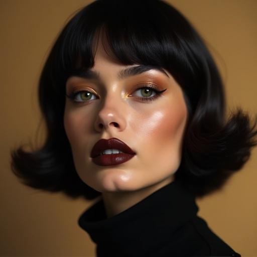 Iconic tender woman with simple bangs, smooth dark hair, golden makeup, elegant expression.