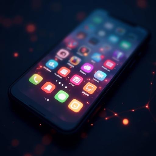 A smartphone screen with glowing app icons on a dark background. Focus on the appearance of the mobile technology user interface. Emphasizes modern digital connectivity.