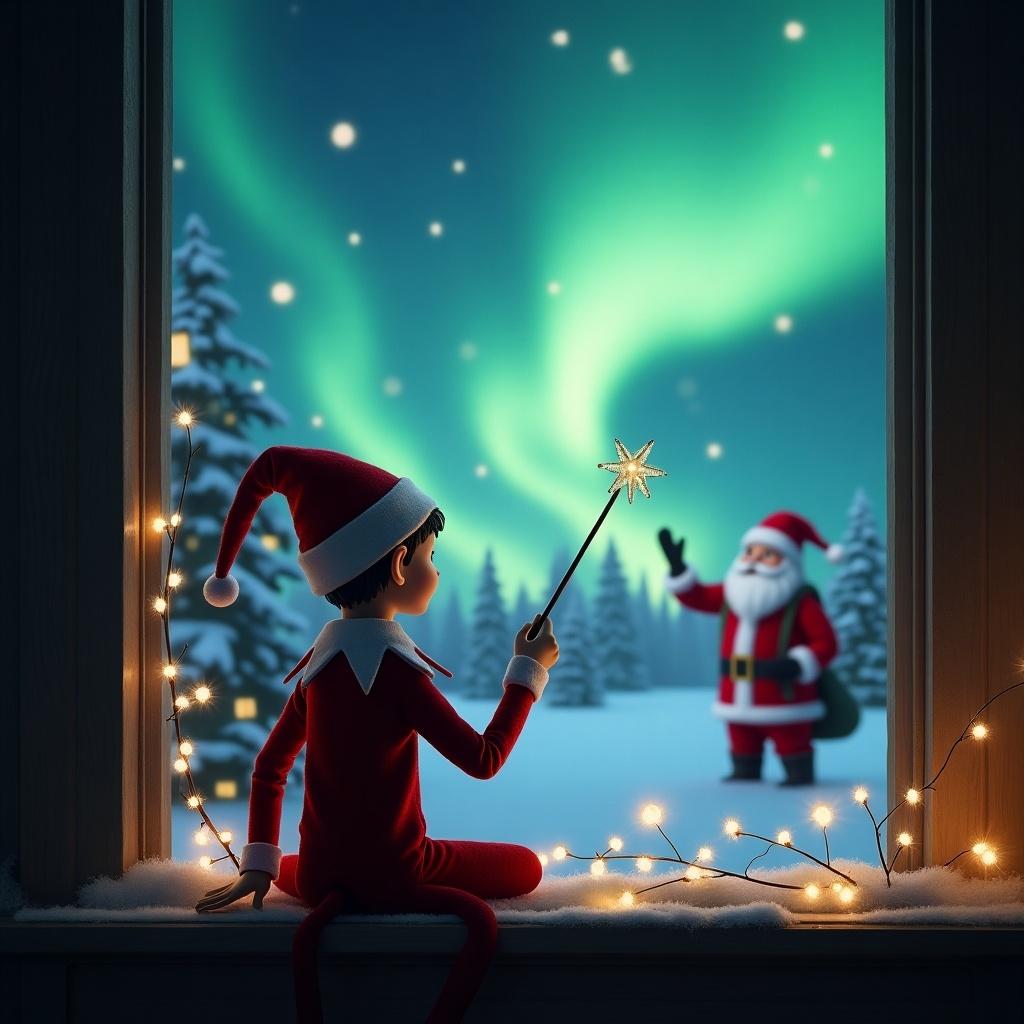 An elf on the shelf with his back facing the viewer. The elf faces the sky with a wand. Magical northern lights decorate the background. Santa Claus appears in the snowy scene outside the window.