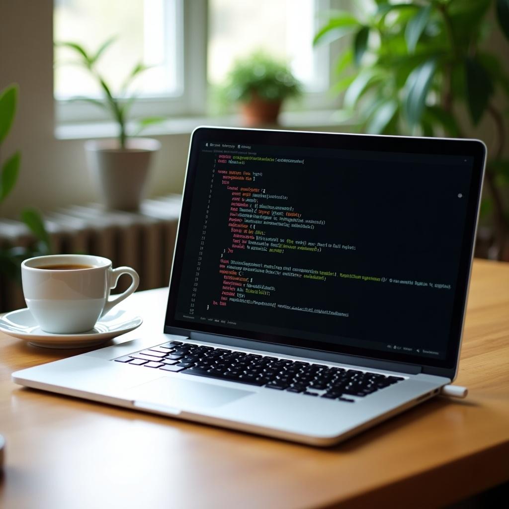 A laptop displaying colorful code is open on a wooden table. Next to it, there's a cup of coffee resting on a saucer. The background features greenery from plants and a bright window. Natural light illuminates the scene, creating a cozy atmosphere. This setup embodies a perfect environment for coding and creativity.