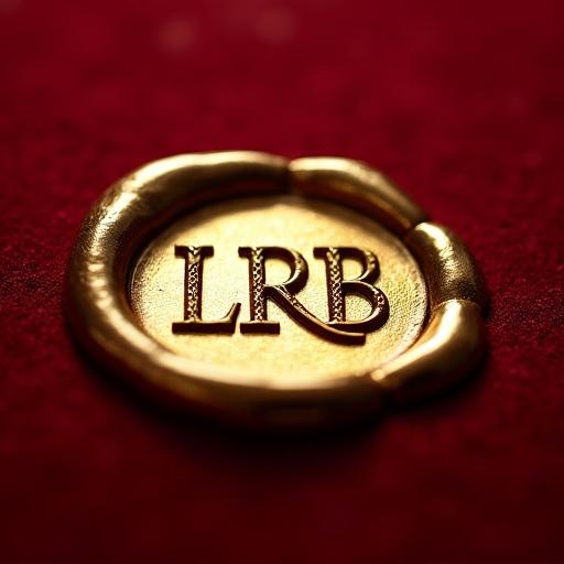 Close up of a luxurious gold seal with letters LRB. Seal pressed into red velvet surface. Soft side lighting highlights textures. Mood is rich and exclusive. Perfect for an album cover.
