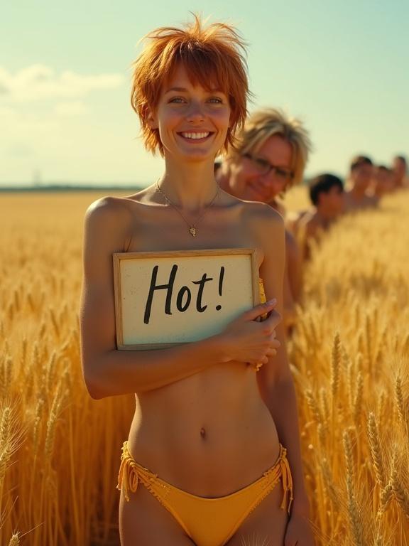 Midi shot of a stunning smiling woman with short red hair holding a sign reading hot. One arm covers her chest. She wears yellow laced panties. A male head peeks over her shoulder. Behind her, a trail of more heads appears among the wheat.