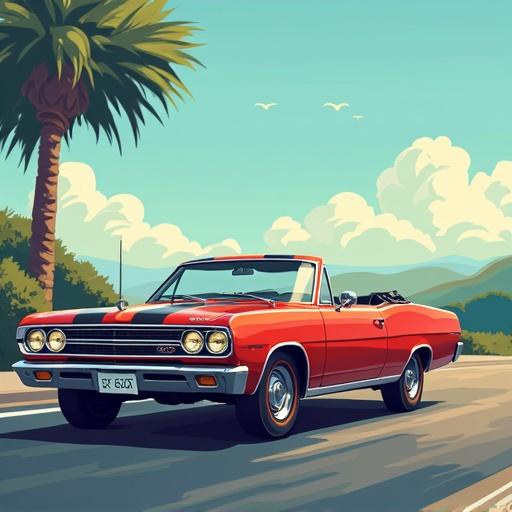 Image of a convertible car on a sunny day. Background includes palm trees and rolling hills. Clear blue sky enhances the atmosphere of a classic car road trip.