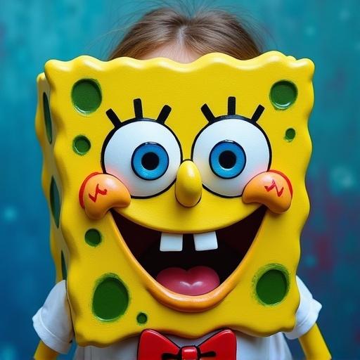 A girl wearing a mask of SpongeBob SquarePants with a cheerful expression. Bright colors and playful background.