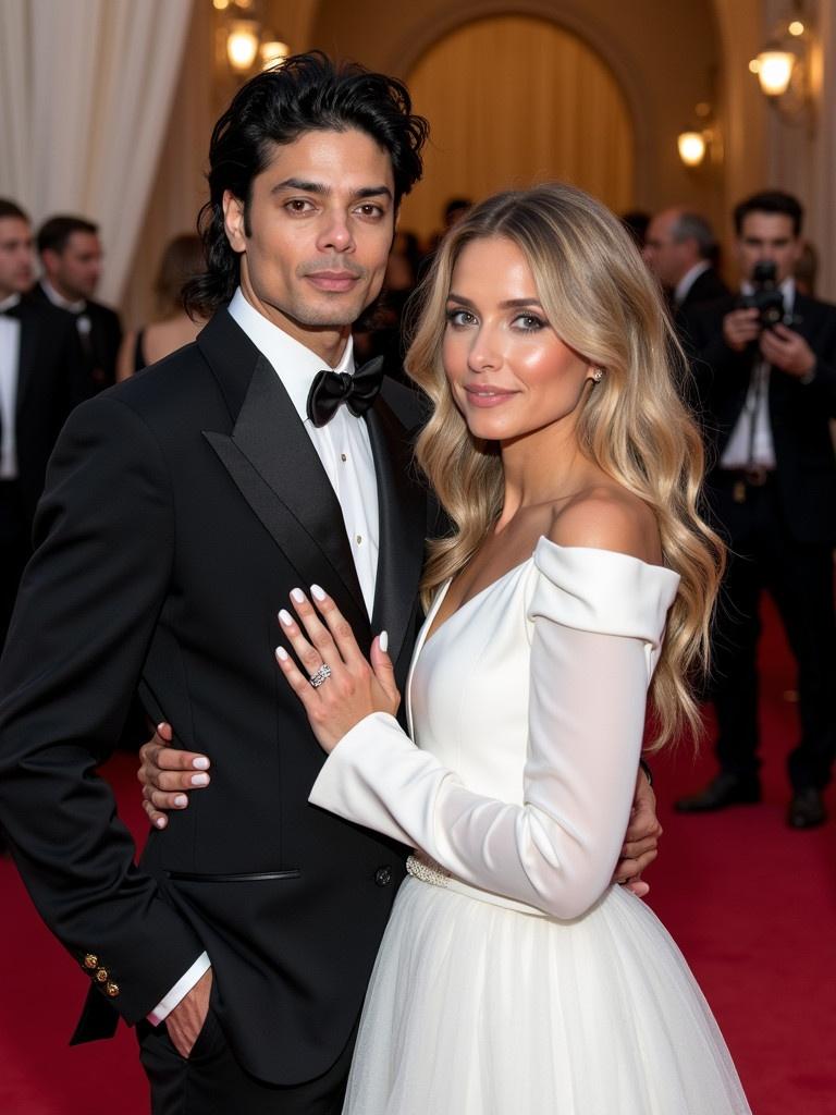 Couple portrait at a red carpet event. Man is dressed in a black tuxedo with bow tie. Woman wears a white prom long dress. They stand close together. Soft lighting enhances their features. The backdrop is vibrant red, typical of celebrity events.