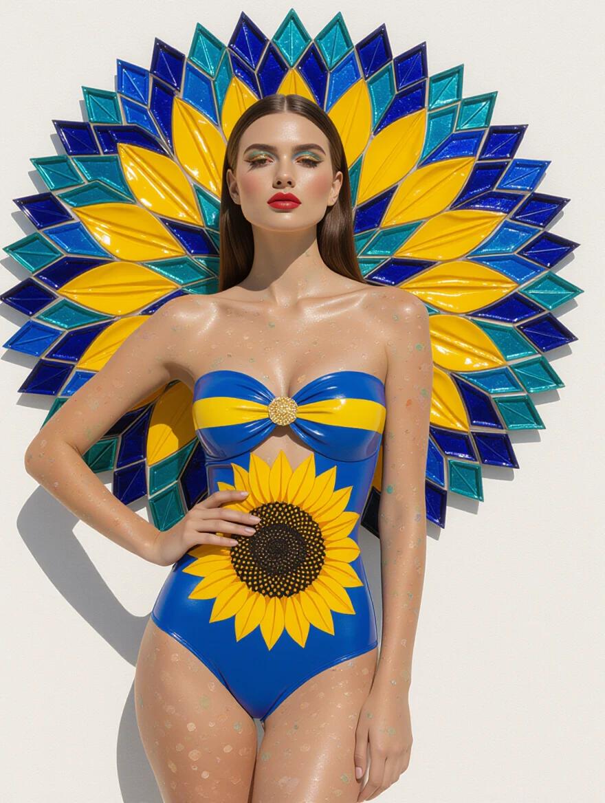 Model wears a blue swimsuit with sunflower design. Body painted in Ukrainian flag colors stands in front of mosaic. Dramatic pose highlights artistic elements. Ethereal ambiance created by smooth textures and color combinations.