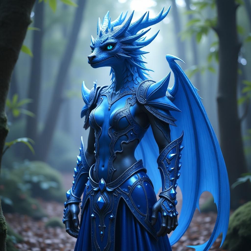 A Gem Dragonborn character stands in a misty forest. The character has a half sapphire, half crystal appearance. Armor features elegant designs and scales. Background is lush with trees and soft fog.