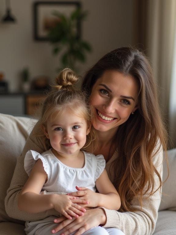 A mother and child seated together on a couch in a cozy living room. The atmosphere is warm and inviting. They appear to be sharing a close moment. Soft natural light enhances the scene.