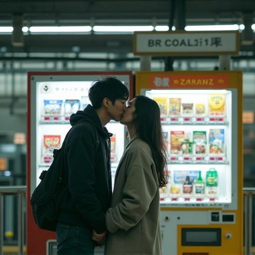 A couple kisses near a vending machine at a Japanese train station. The scene captures the atmosphere of urban romance. Soft lighting adds warmth to the moment. The setting features typical elements of a train station.