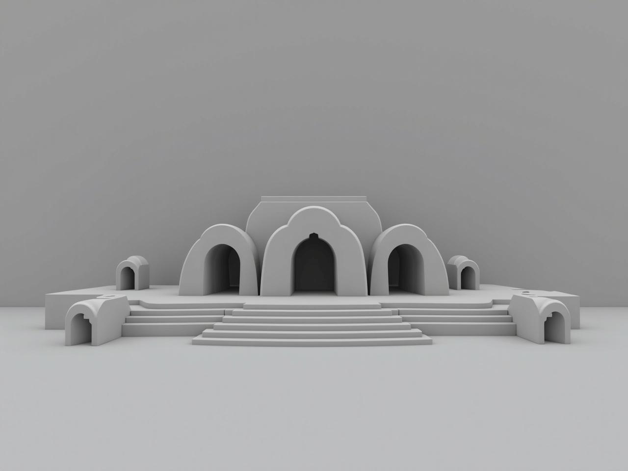 The image depicts a 3D rendering of a structure with a modern architectural design. It features smooth, rounded arches and step-like formations in the foreground. The overall color is a muted shade, giving the scene a monochromatic look. There are multiple openings that suggest entrances or windows, adding to the geometric complexity of the design. The scene is ambient and somewhat minimalist, with a focus on shapes and forms rather than intricate details.