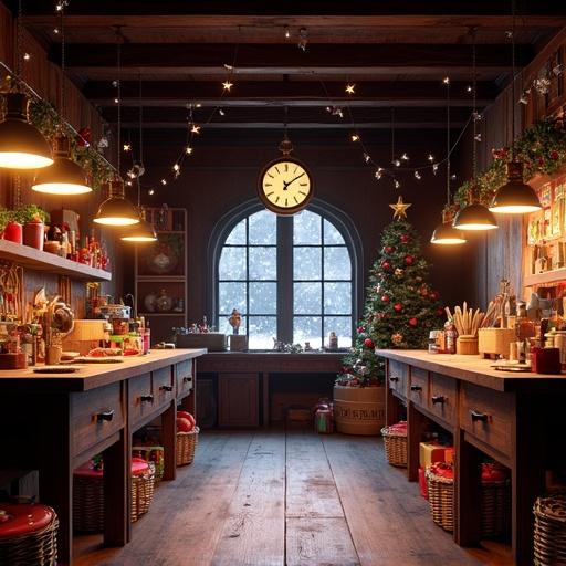 3D rendering of Santa's workshop interior. Cozy wooden room with exposed beams and an arched window. Starlit night sky outside. Brass lamps provide warm amber light. Christmas decorations include garlands and ornaments. Workbenches covered with crafting materials. Large clock shows 11:55. Wrapped presents in wicker baskets. Rich wood paneling and ambient lighting.