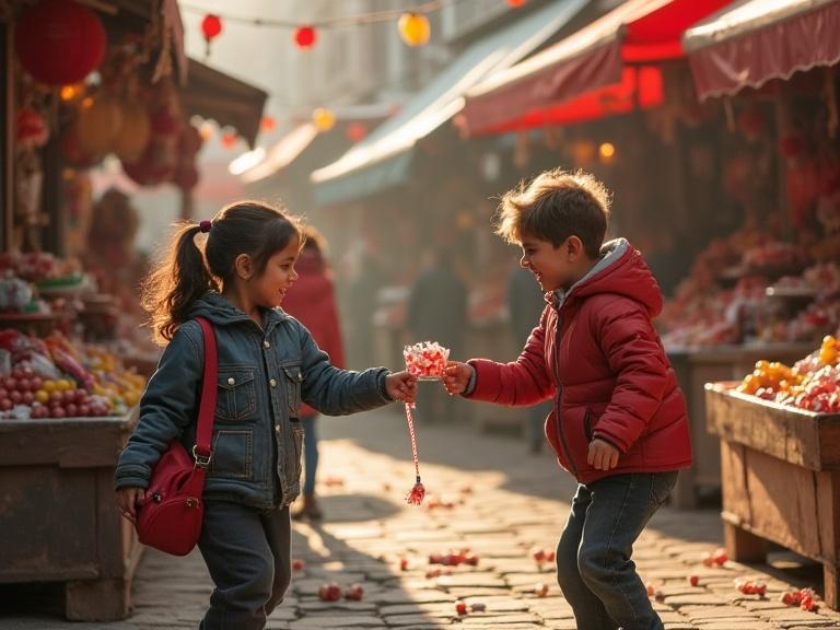 Children interact in a market. They exchange candy while playfully contesting. Bright market with various goods around. Focus on their faces and expressions.