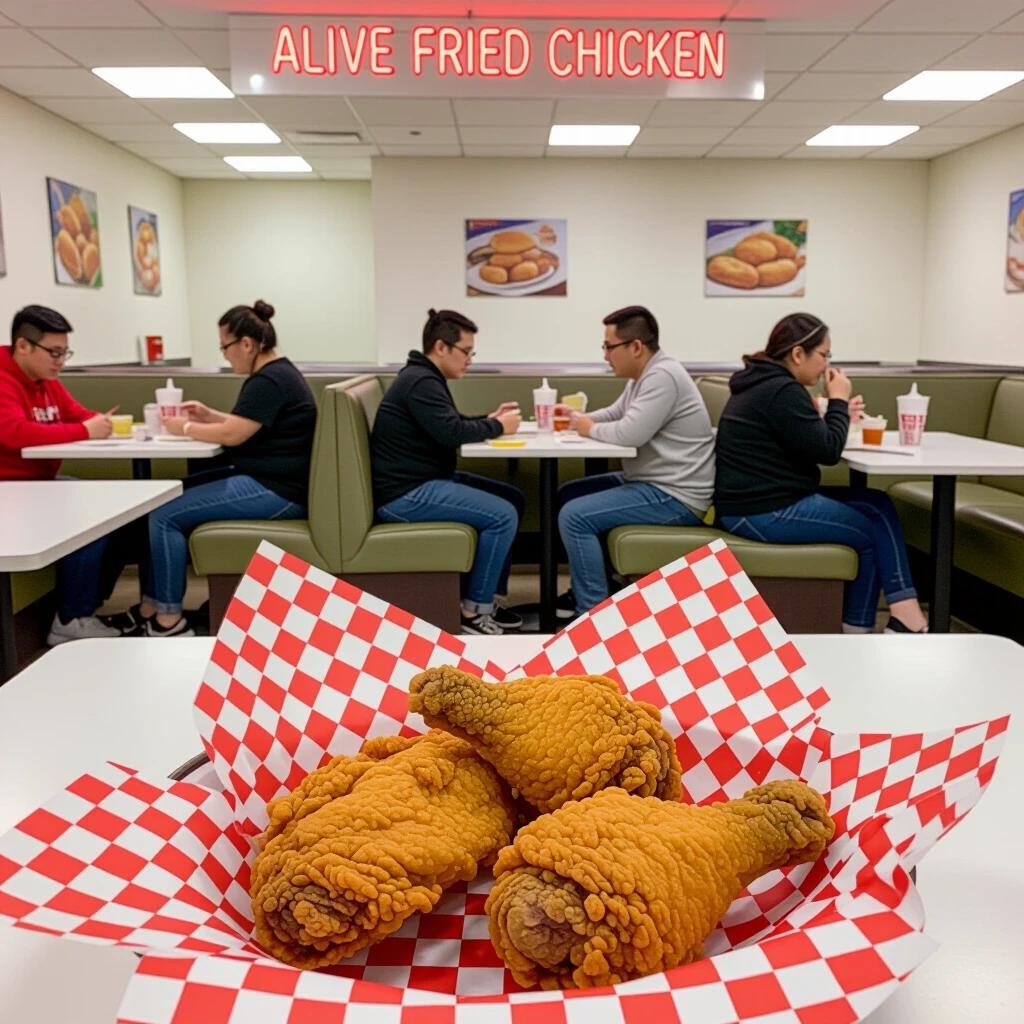 Interior of a restaurant showcasing fried chicken. Three pieces of fried chicken in a red and white checkered basket. Customers seated at tables in the background. Neon sign reading 'Alive Fried Chicken'.