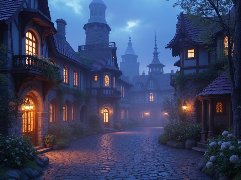 A Disney-inspired courtyard in a fantasy castle. Buildings feature intricate designs and soft glowing windows. The scene is serene and enchanting, depicting a tranquil evening atmosphere. Lush greenery surrounds the stone paths.