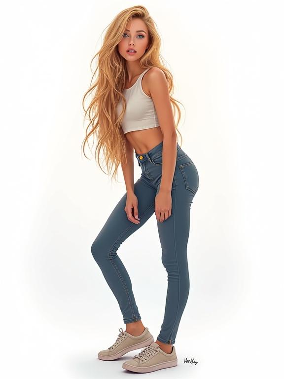 Full body portrait of a female model with long wavy blonde hair. Model wears a crop top and skintight jeans. Model poses in a crouching manner. The background is white. Soft and diffused lighting enhances the image.