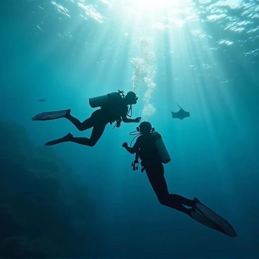 Scuba divers wearing diving suits engage with a stingray. The scene captures the vast sea environment. Soft light rays penetrate the water surface. The underwater scene is cinematic and immersive. Particles enhance color and depth perception. Shown from a wide-angle perspective.