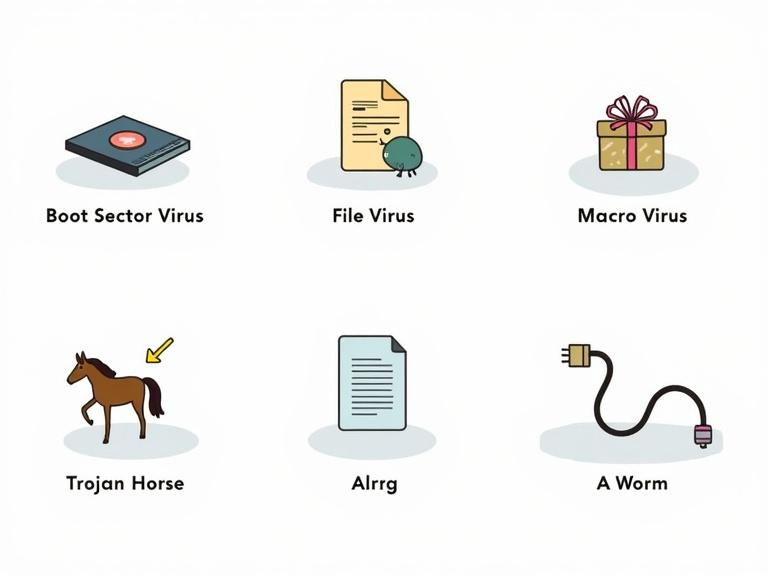 Diagram features colorful cartoon representations of various computer viruses. Boot Sector Virus shown as small cracked hard drive. File Virus depicted as mischievous creature on document. Macro Virus illustrated as bug from word processing file. Trojan Horse represented as gift tied with arrow. Worm shown as slithering network cables. Designed for children to understand computer threats.
