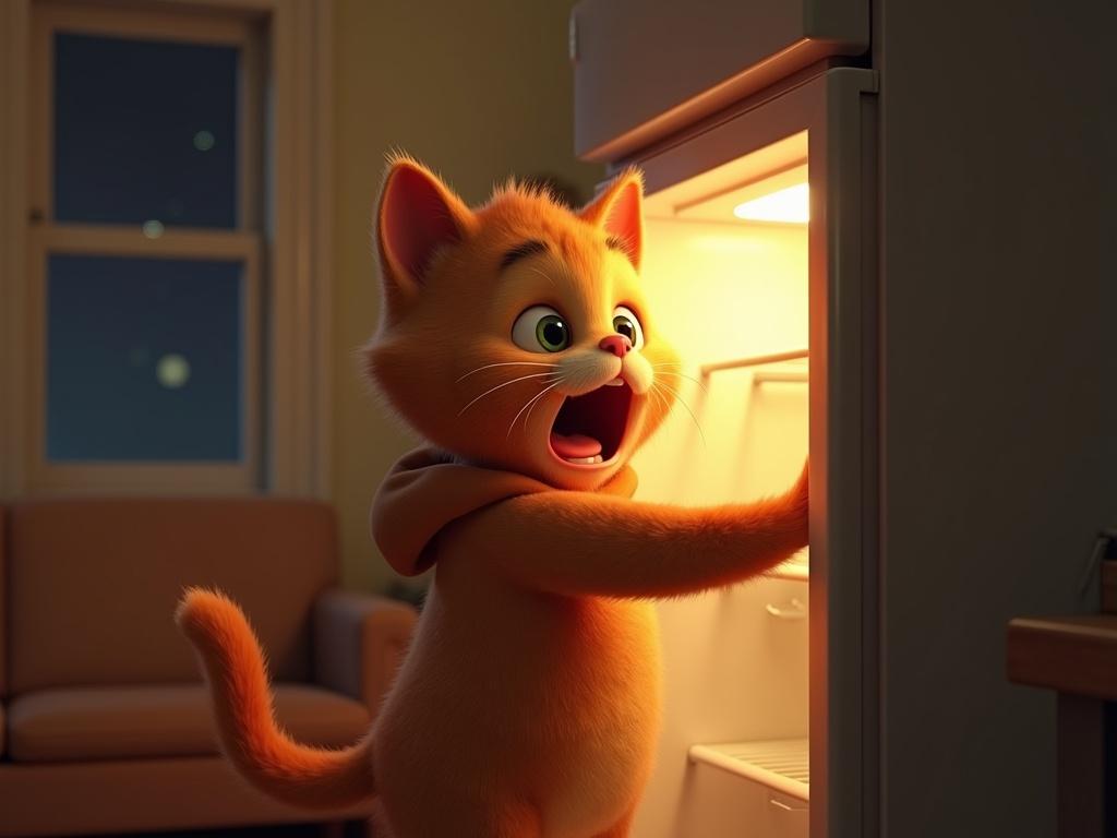 3D animation of a surprised orange cat wearing a hoodie opening a fridge at night. The fridge light illuminates its face in a cozy kitchen setting.