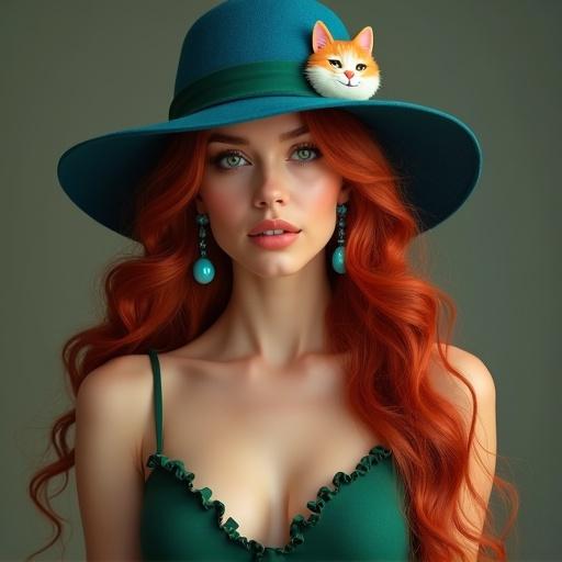 Photo realistic image of a beautiful woman with long curly red hair. She wears a blue hat with a kitty patch. She also wears a low cut green dress with frills, and long earrings.