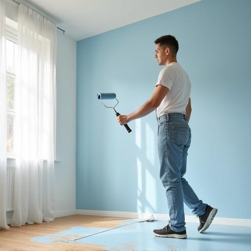 A male professional house painter applies light blue paint with a roller on a white wall in a modern living room. Sunlight comes through a window, illuminating the space. Focus on the painter mid-roll with visible paint texture.