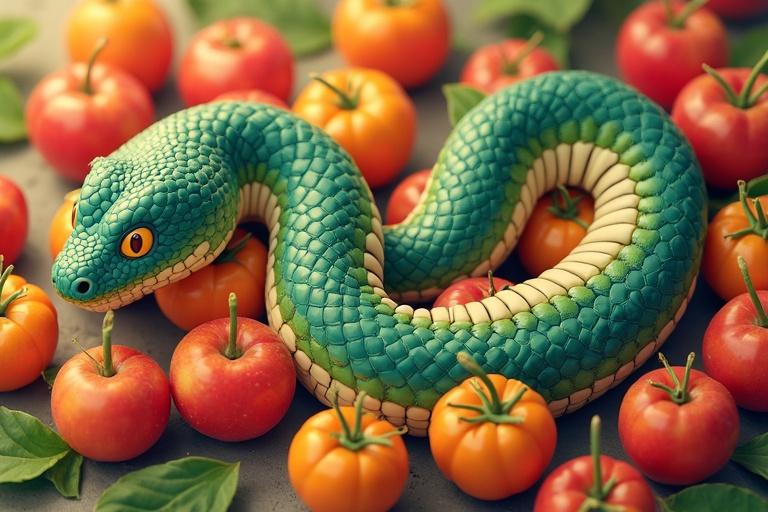 Snake winding through bright fruits symbolizes abundance and health