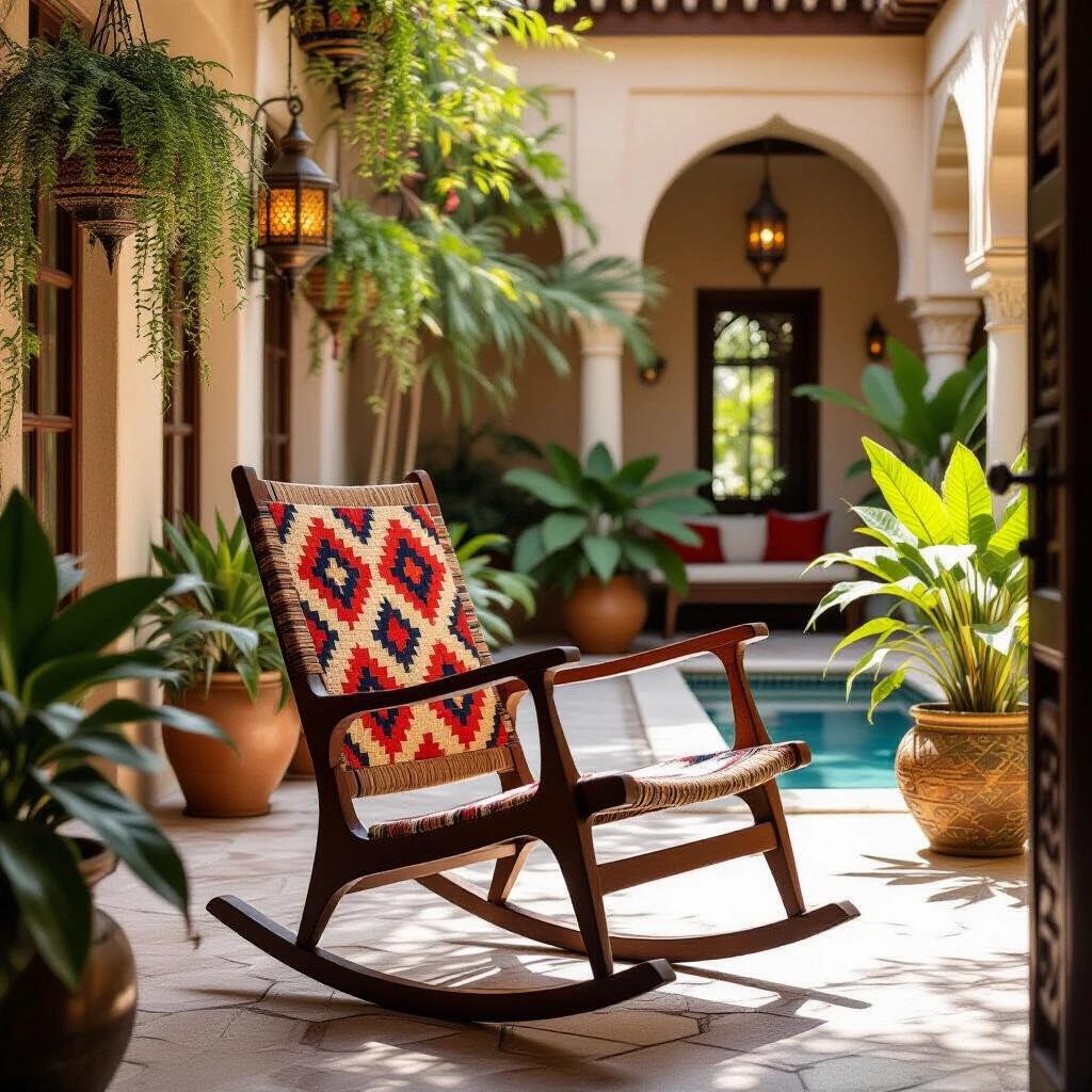 Portray a rocking chair blending Moroccan design with midcentury modern style. The chair features a dark walnut frame and woven seat with geometric patterns. Display in a courtyard with terracotta walls and lush plants. Sunlight creates shadows on the floor. Include a fountain in the background.